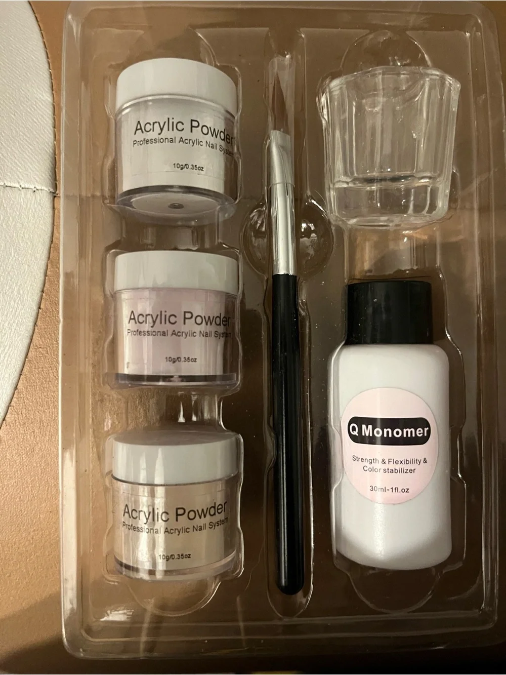 Acrylic Nail Powder Kit with Monomer & Brush - Pink, White, Beige